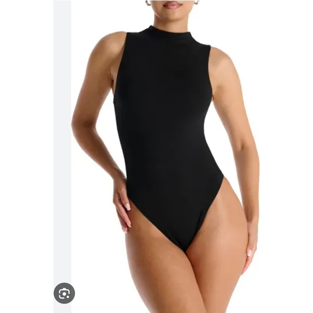 Naked Wardrobe Size M Black Ribbed Mock Neck Sleeveless Thong Bodysuit